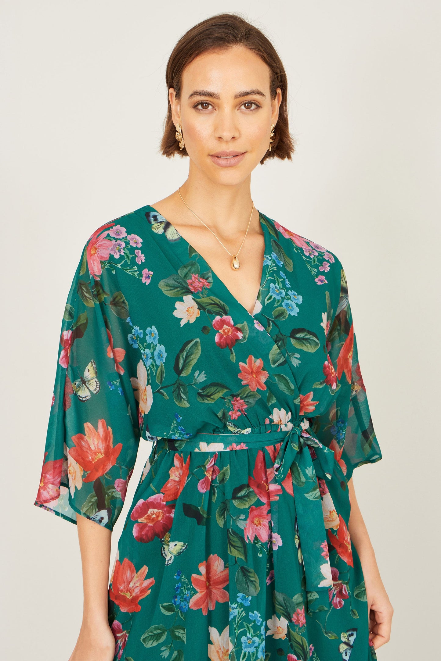 Green Floral Kimono Wrap Dress With Dip Hem