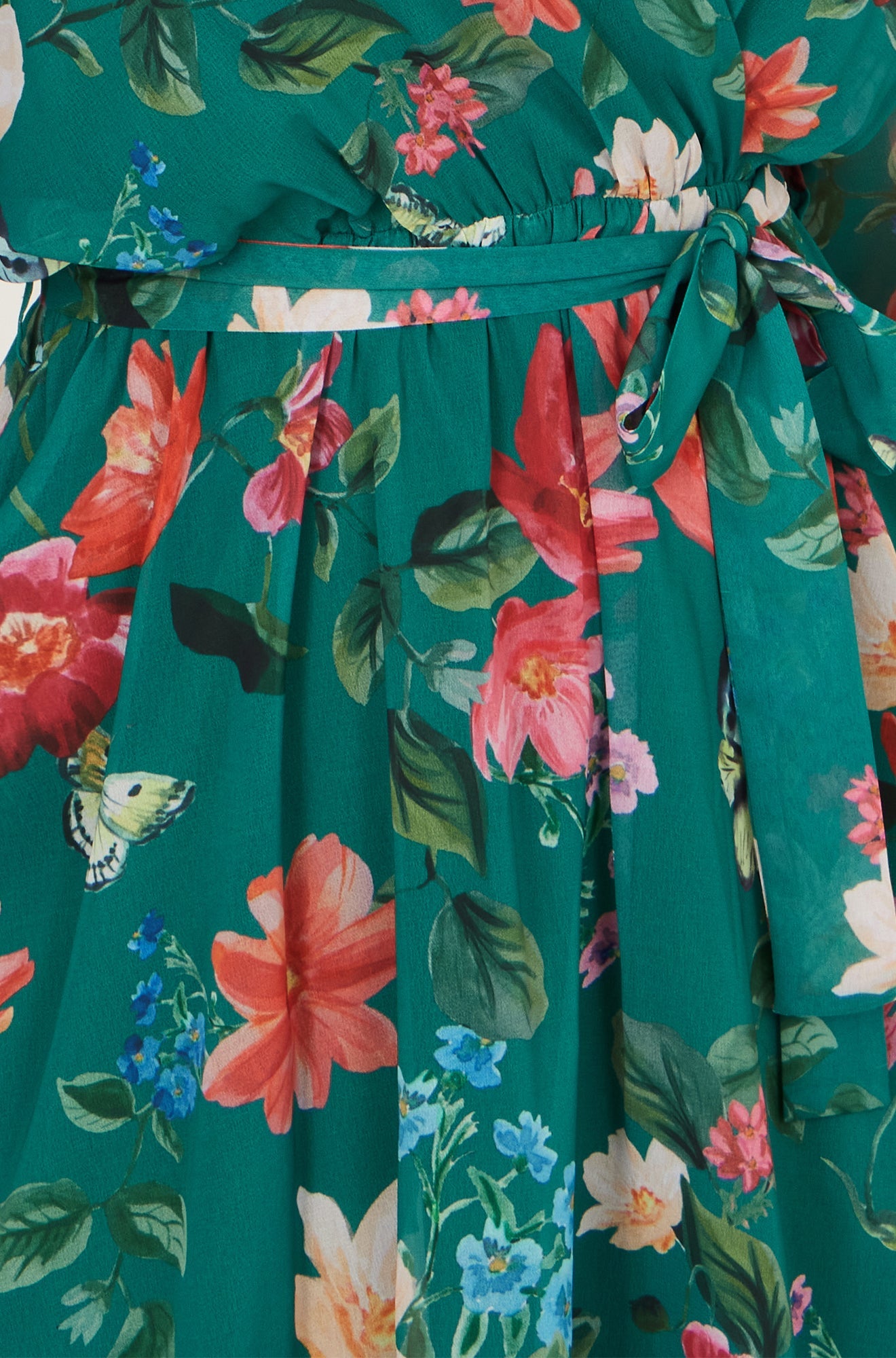 Green Floral Kimono Wrap Dress With Dip Hem