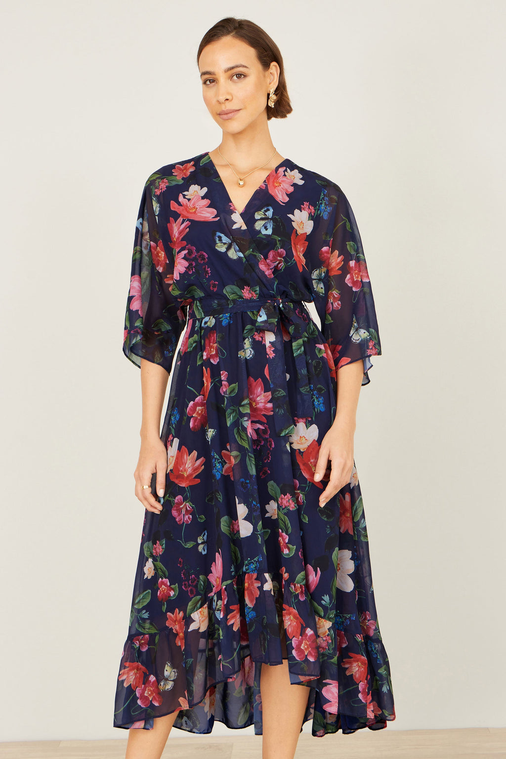 Navy Floral Kimono Wrap Dress With Dip Hem