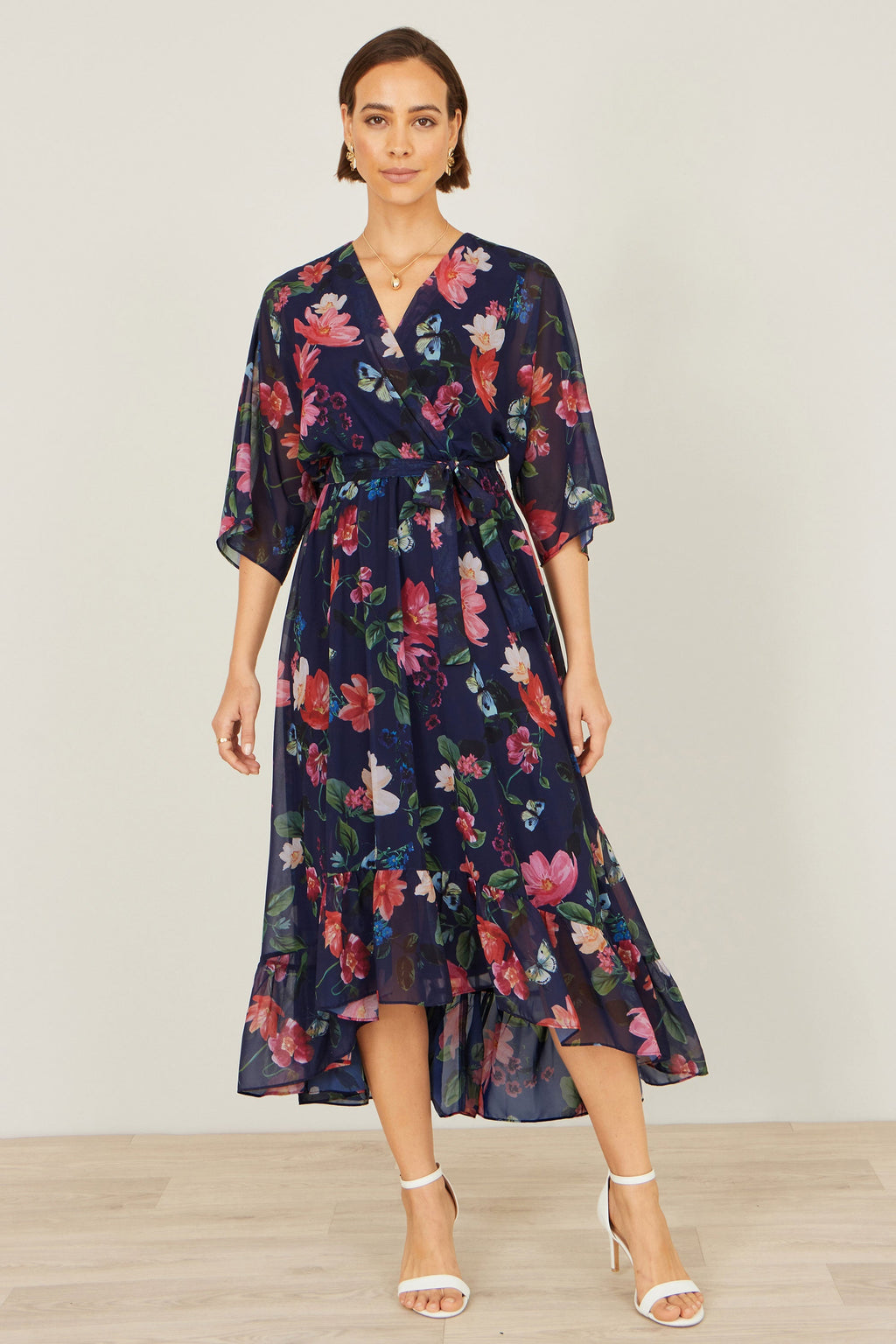 Navy Floral Kimono Wrap Dress With Dip Hem