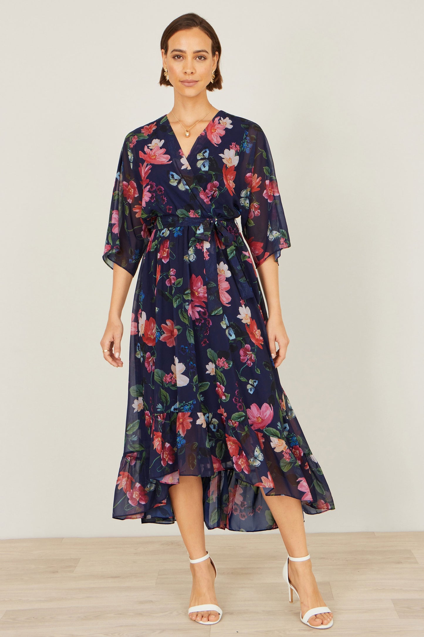 Navy Floral Kimono Wrap Dress With Dip Hem