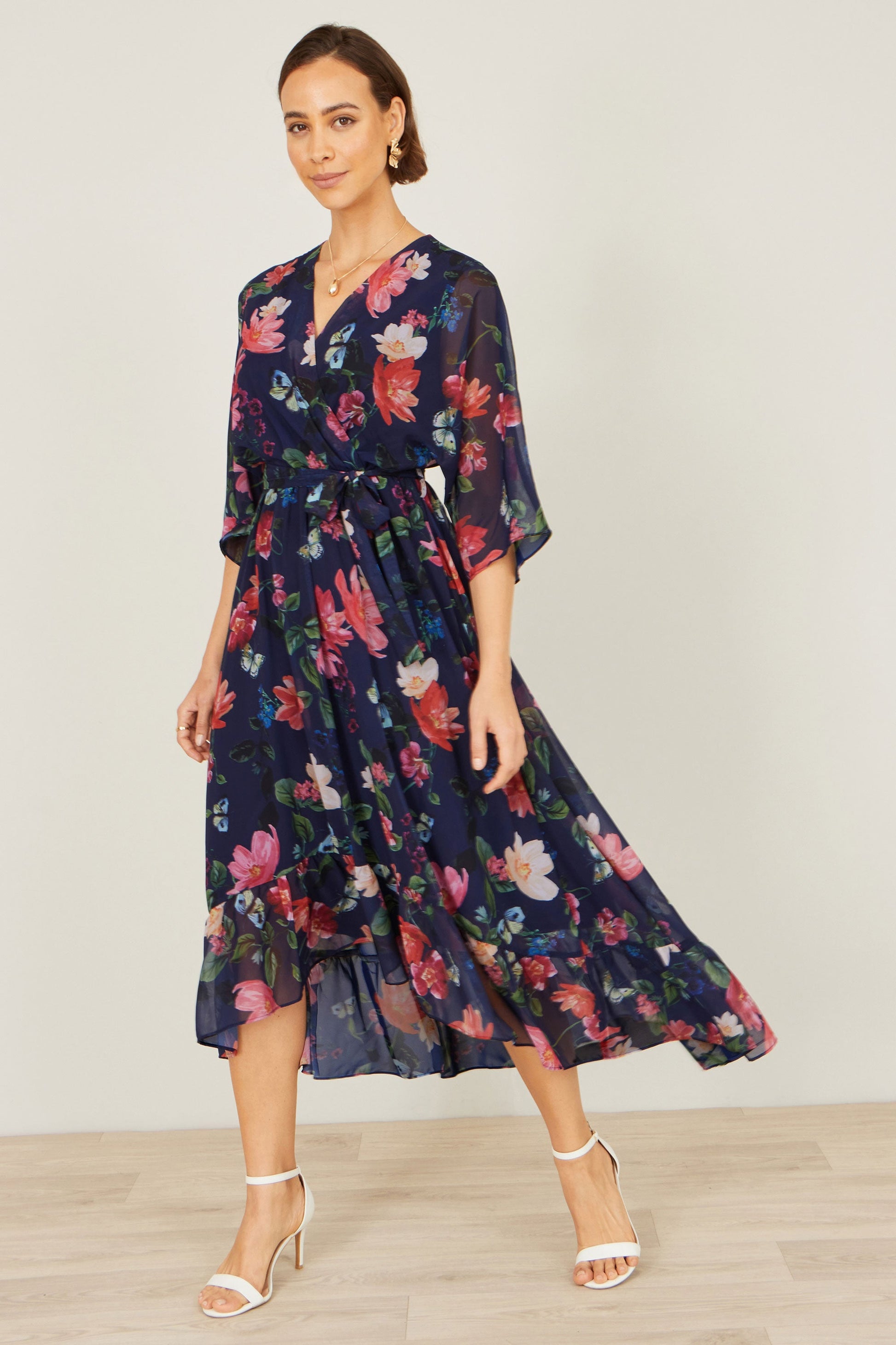 Navy Floral Kimono Wrap Dress With Dip Hem