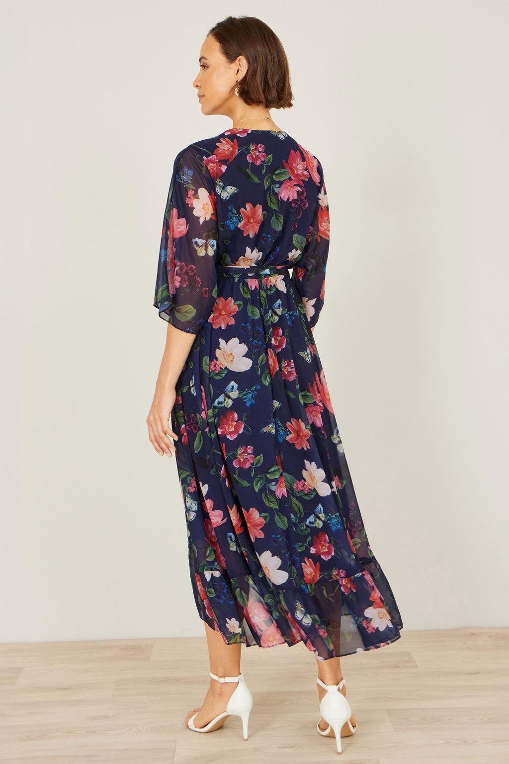 Navy Floral Kimono Wrap Dress With Dip Hem