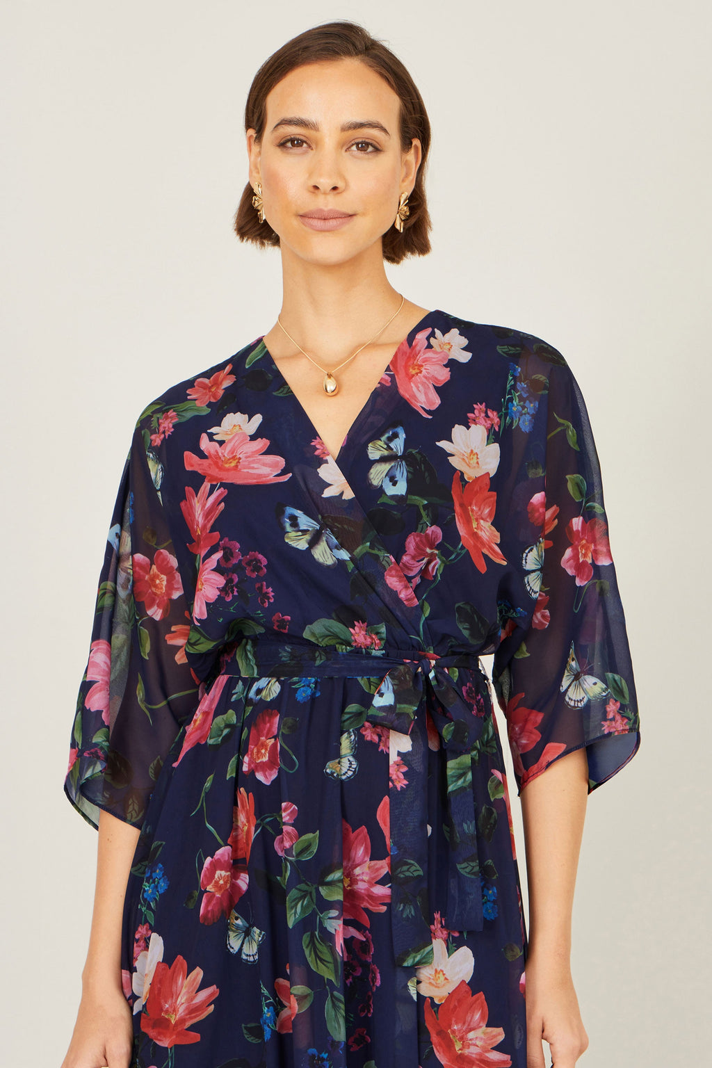 Navy Floral Kimono Wrap Dress With Dip Hem