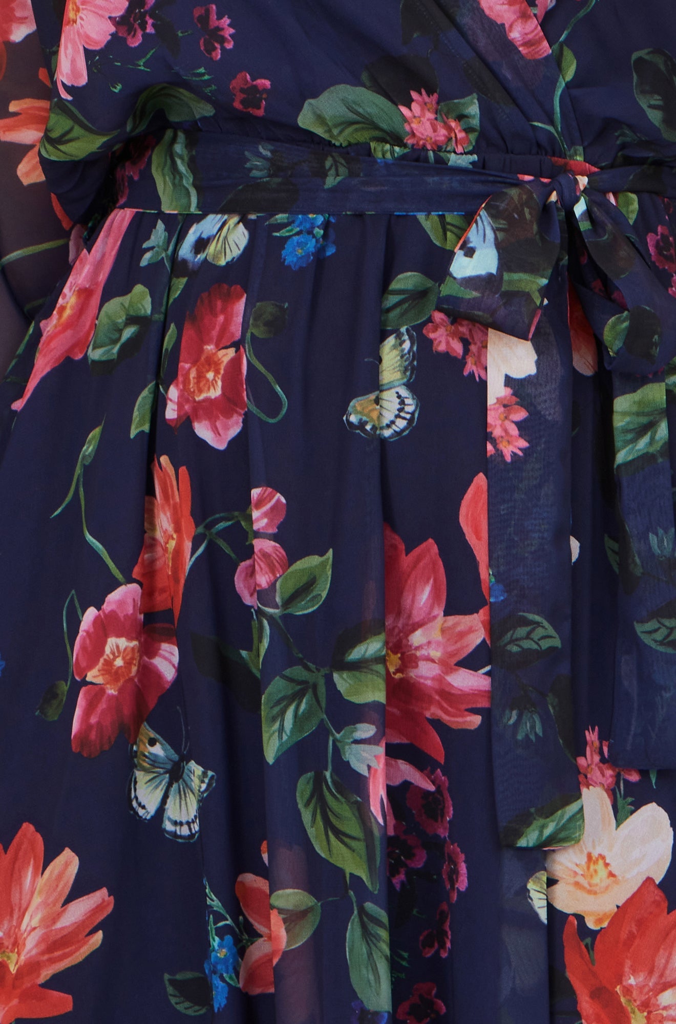 Navy Floral Kimono Wrap Dress With Dip Hem