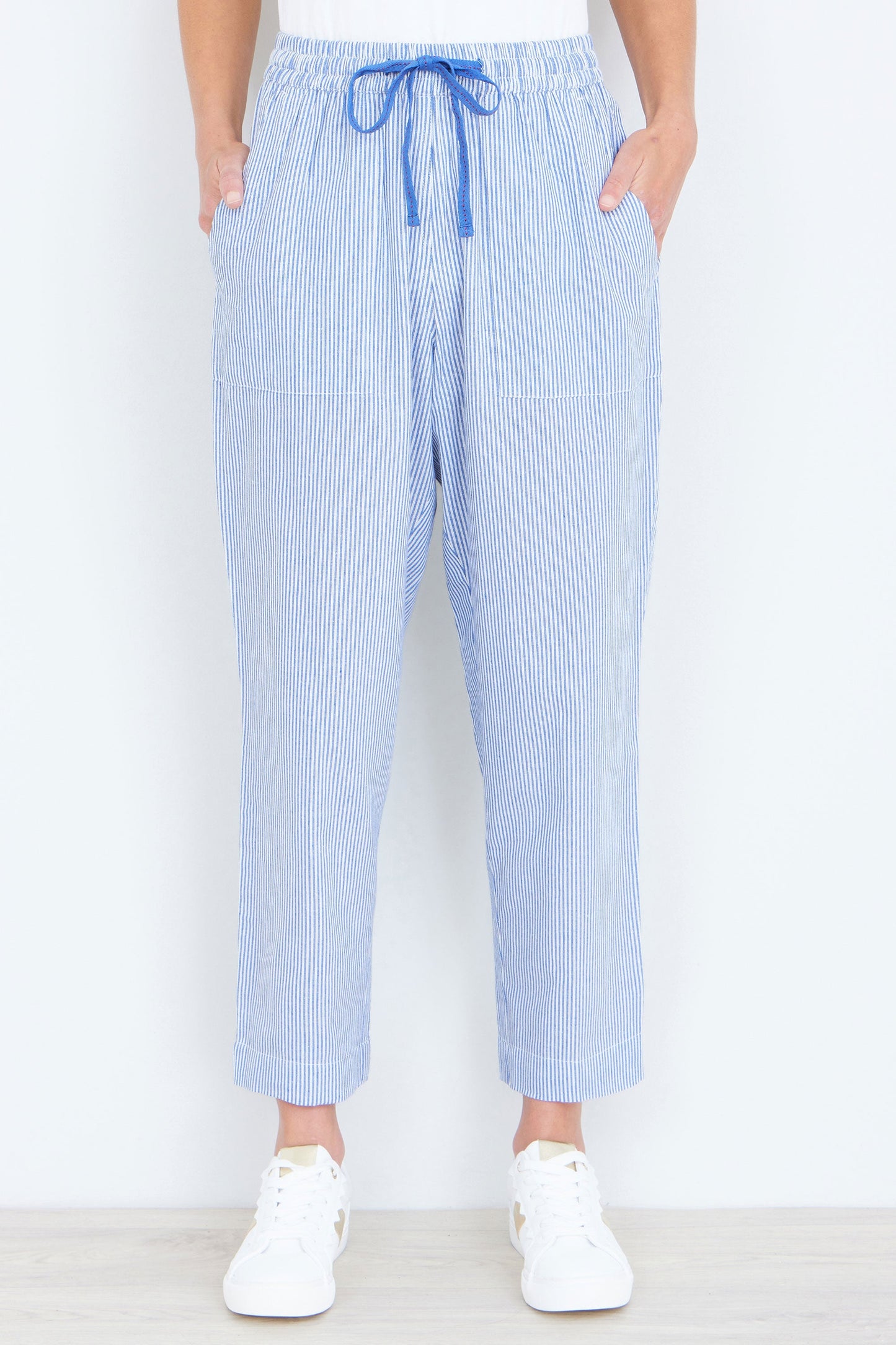 Blue Cotton Stripe Cropped Trousers