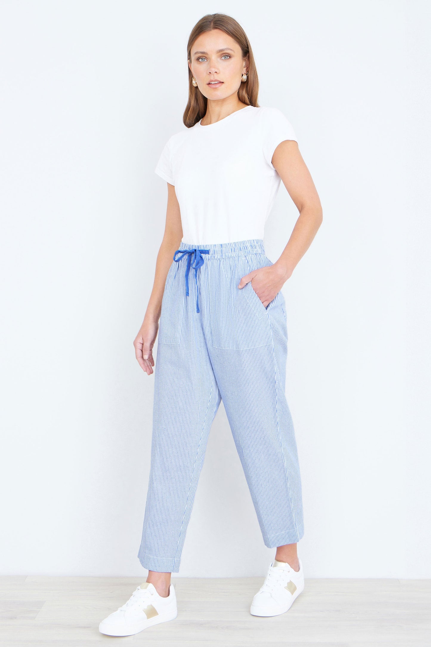 Blue Cotton Stripe Cropped Trousers