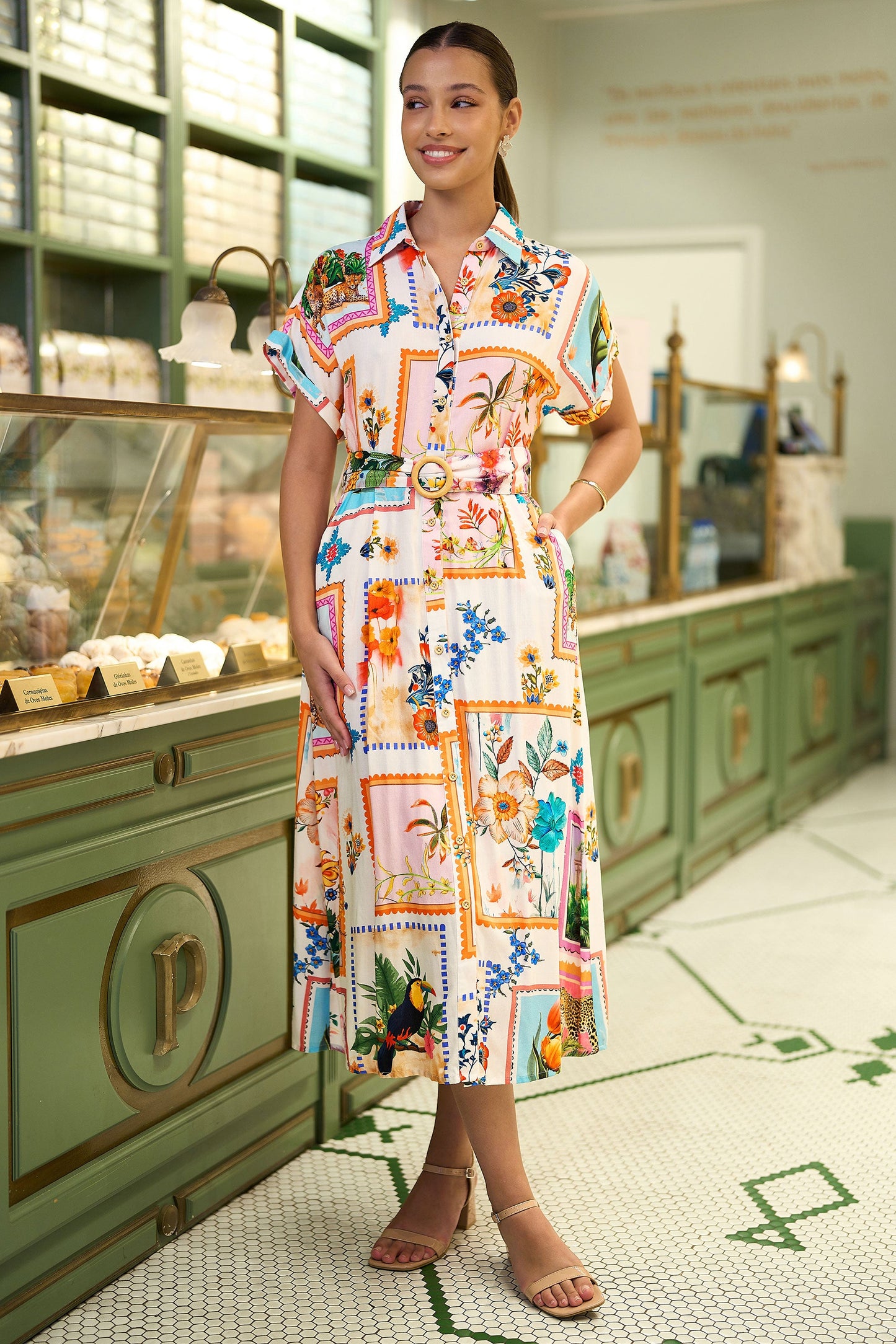 Ivory Tropical Postcard Print Relaxed Midi Shirt Dress