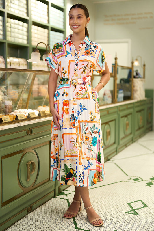 Ivory Tropical Postcard Print Relaxed Midi Shirt Dress