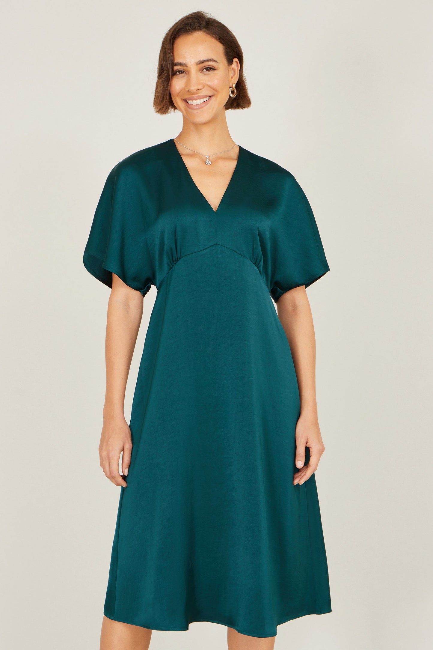 Green Satin Midi Kimono Dress