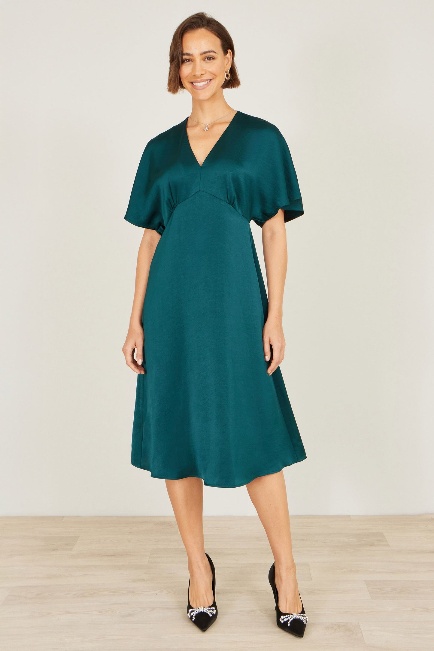 Green Satin Midi Kimono Dress