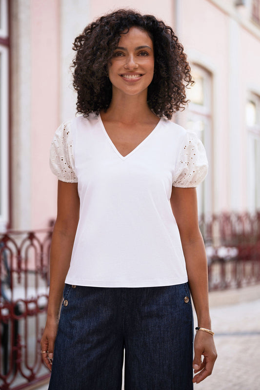 White Cotton Jersey T-Shirt With Lace Sleeves