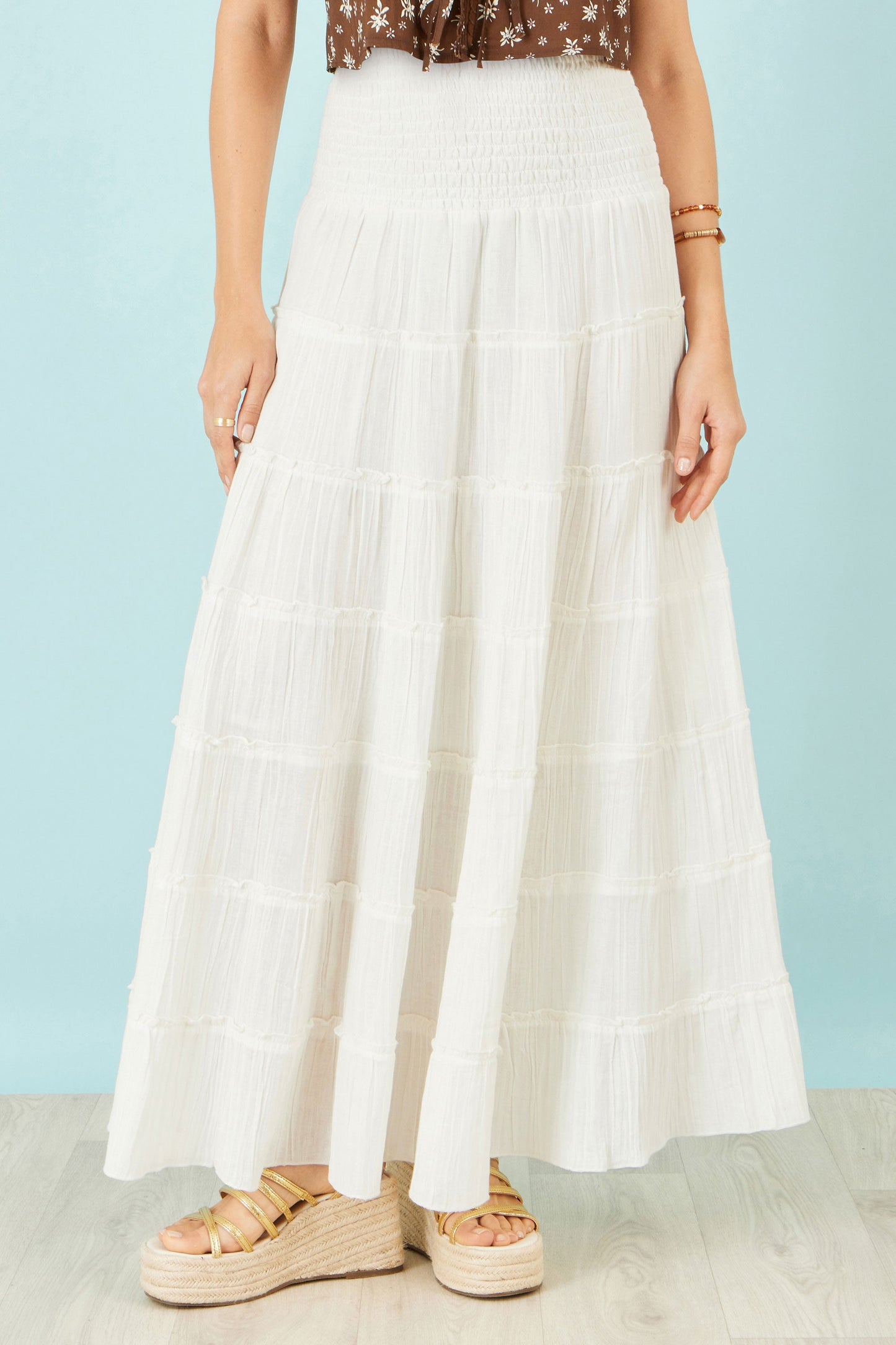 White Double Cotton Tiered Boho Maxi Skirt