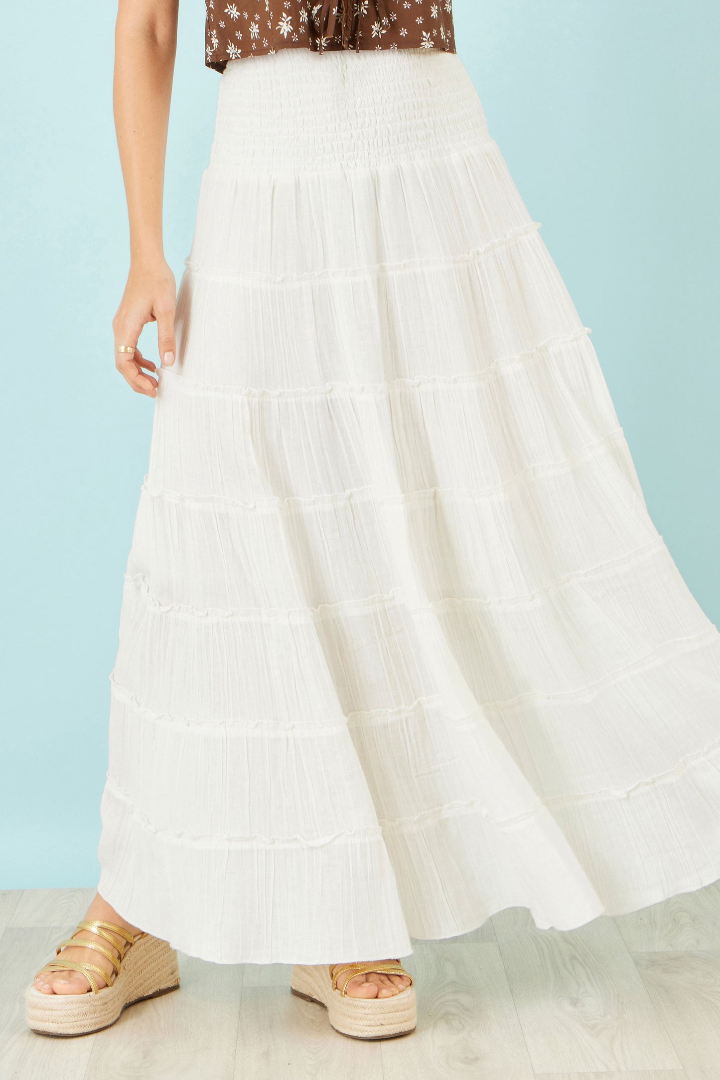 White Double Cotton Tiered Boho Maxi Skirt