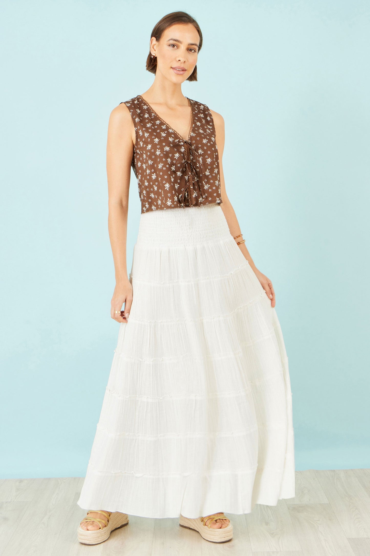 White Double Cotton Tiered Boho Maxi Skirt