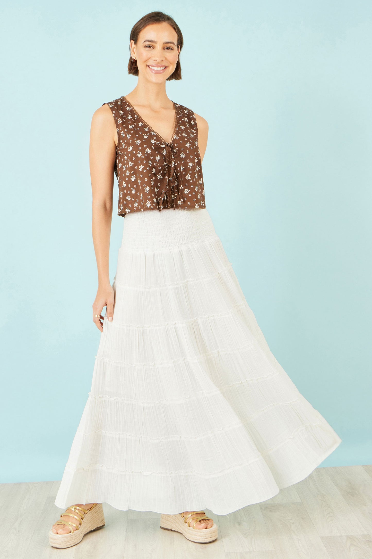 White Double Cotton Tiered Boho Maxi Skirt
