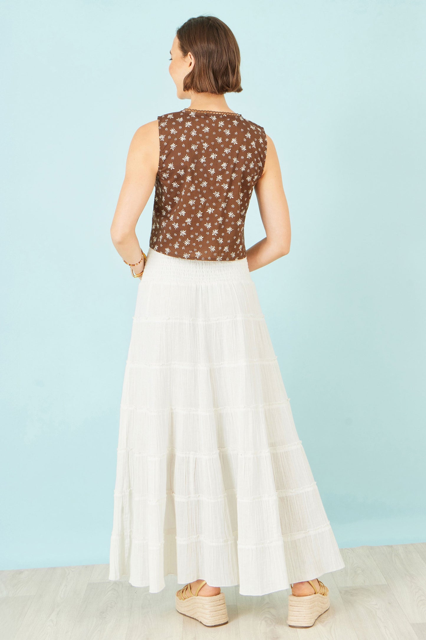 White Double Cotton Tiered Boho Maxi Skirt