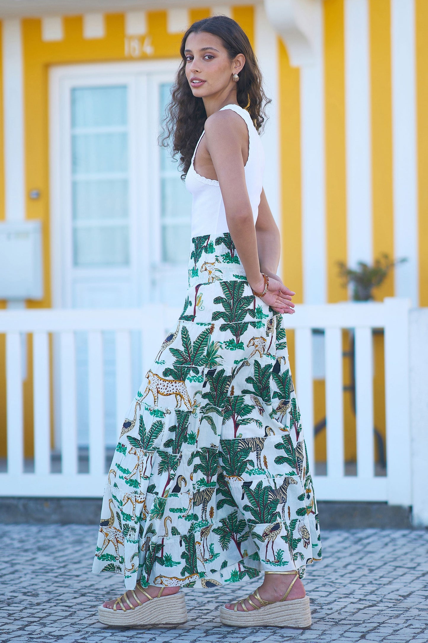 White Animal Print Cotton Tiered Maxi Skirt