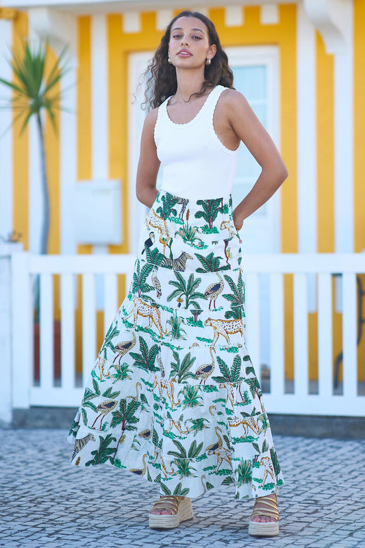 White Animal Print Cotton Tiered Maxi Skirt