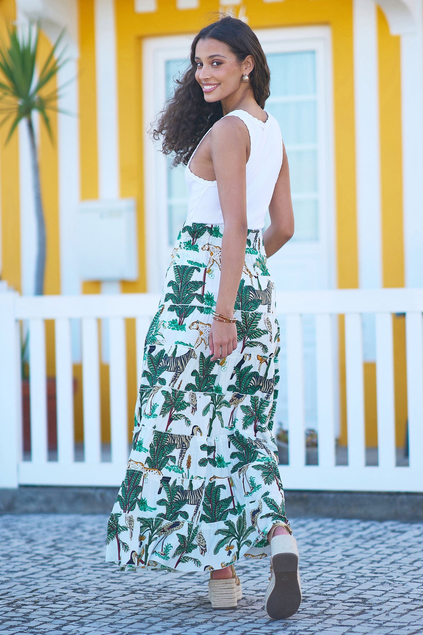 White Animal Print Cotton Tiered Maxi Skirt