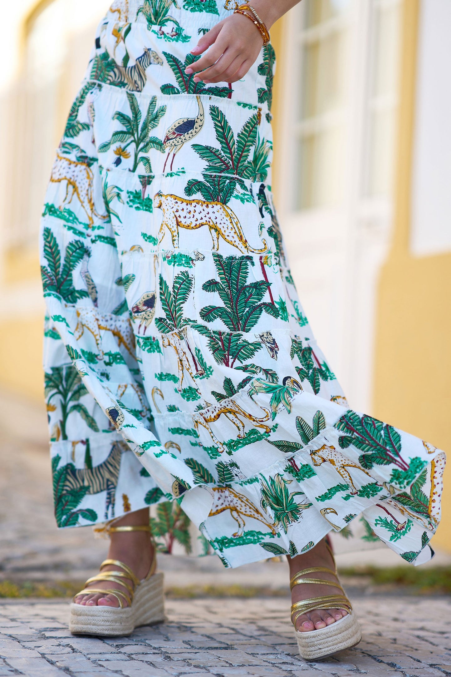 White Animal Print Cotton Tiered Maxi Skirt