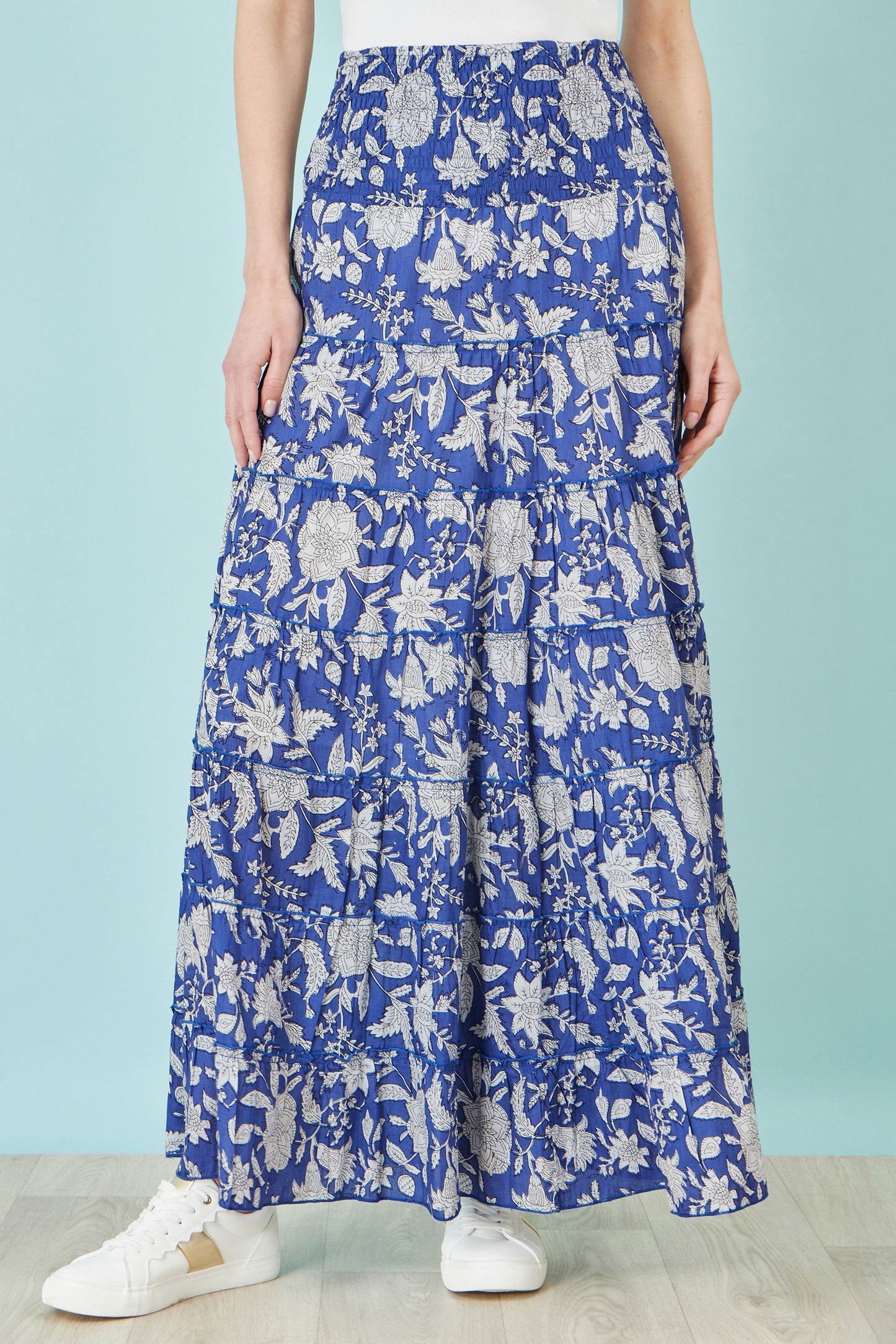 Blue Floral Cotton Tiered Maxi Skirt