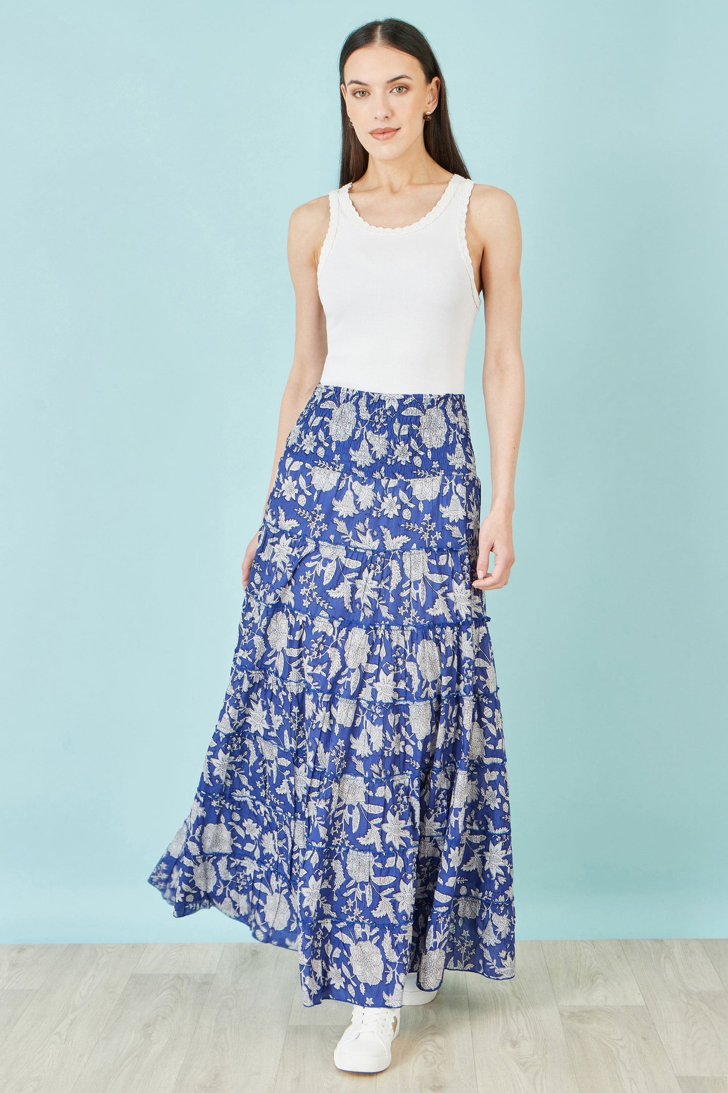 Blue Floral Cotton Tiered Maxi Skirt
