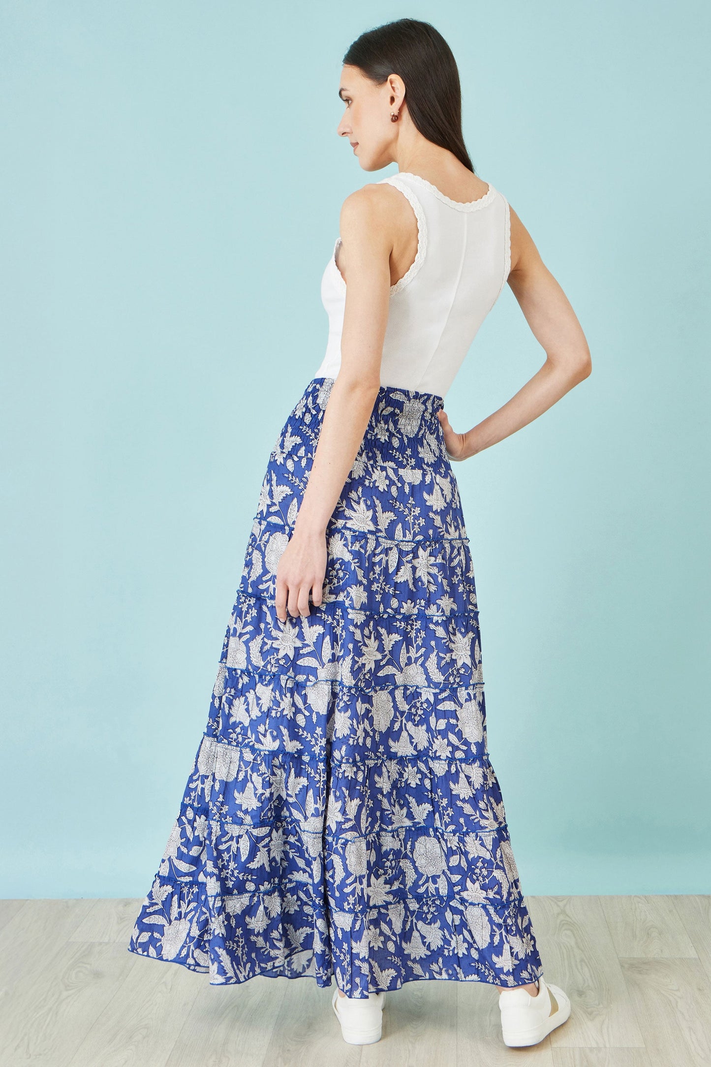 Blue Floral Cotton Tiered Maxi Skirt