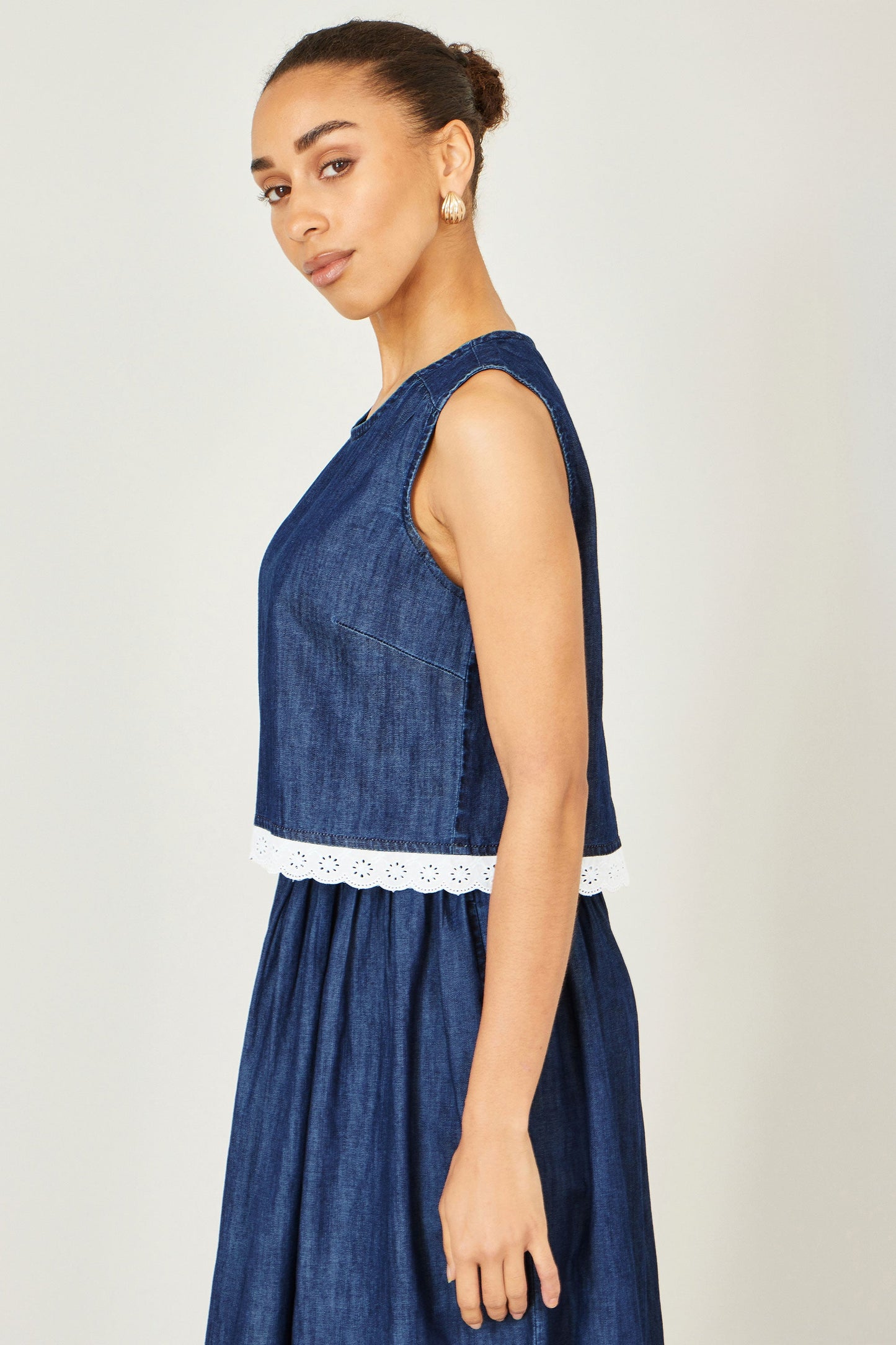 Blue Cotton Chambray Top With Lace Trims