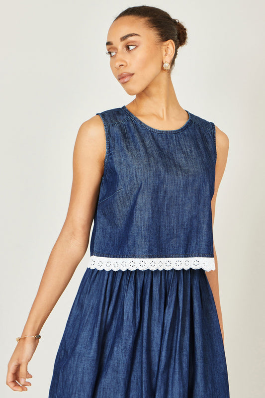 Blue Cotton Chambray Top With Lace Trims