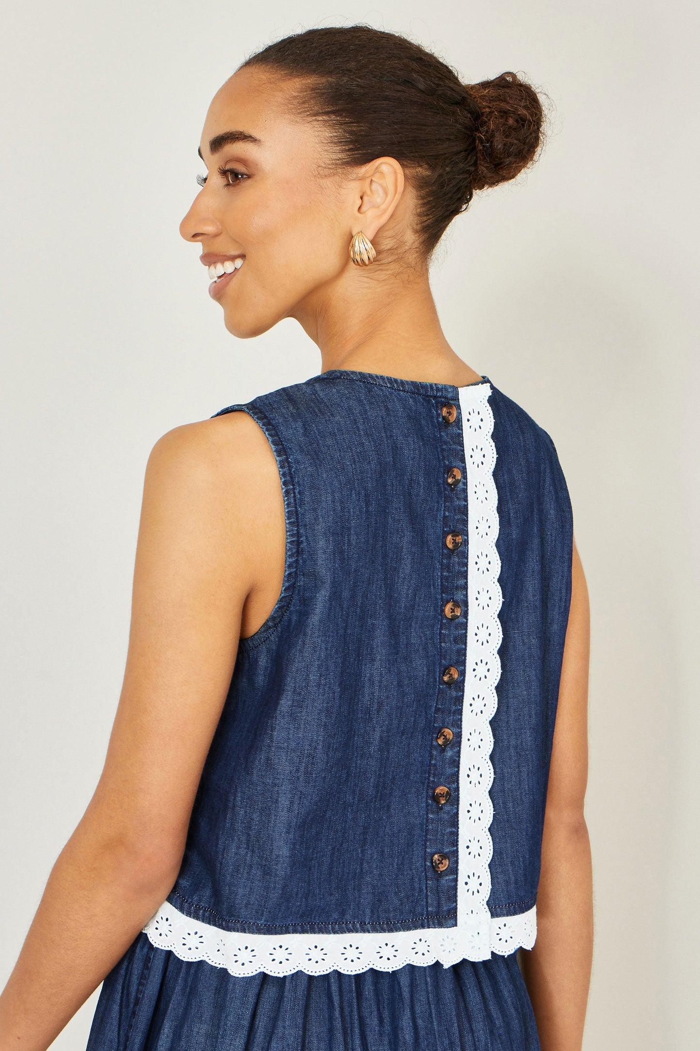 Blue Cotton Chambray Top With Lace Trims