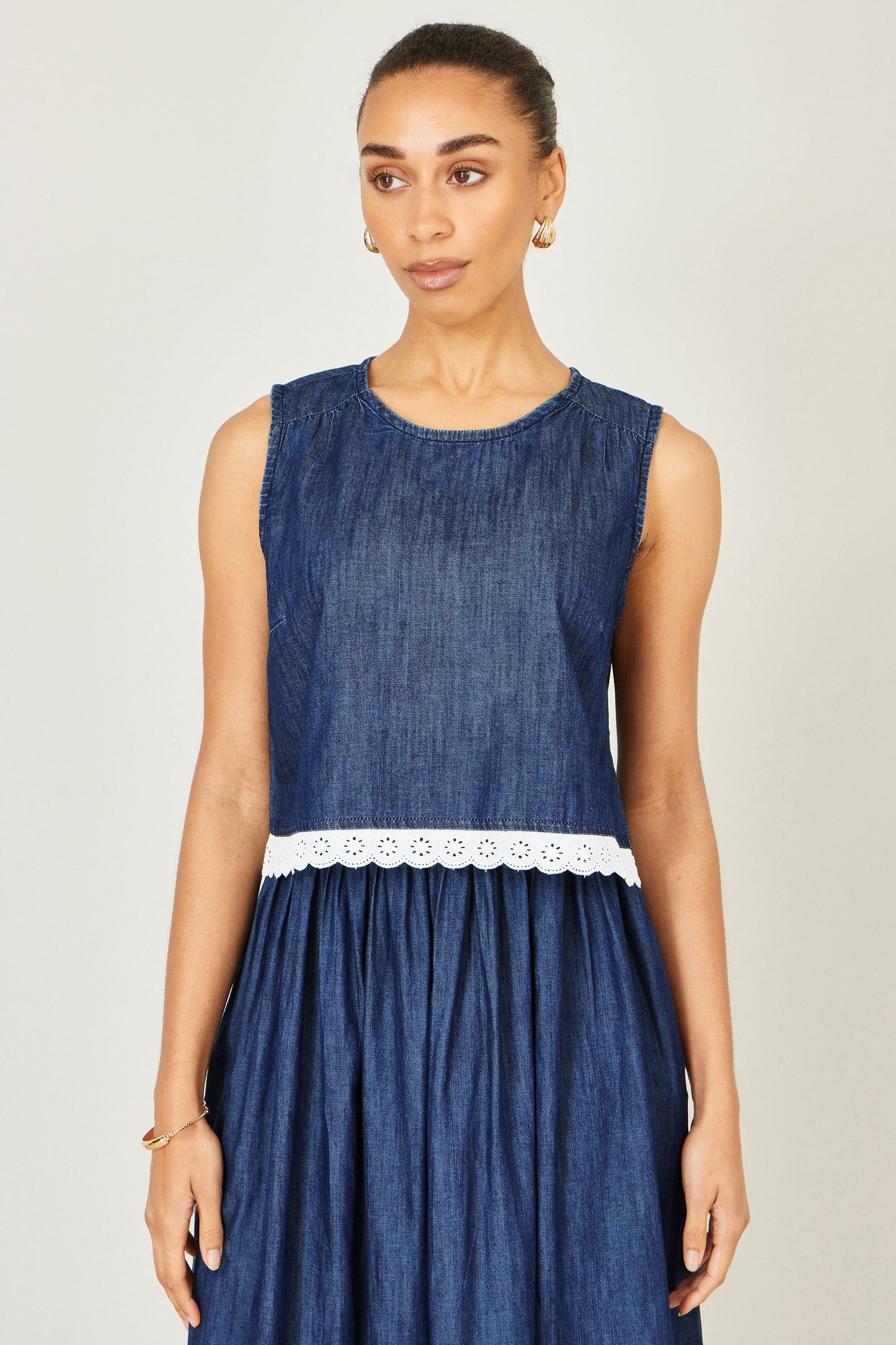 Blue Cotton Chambray Top With Lace Trims