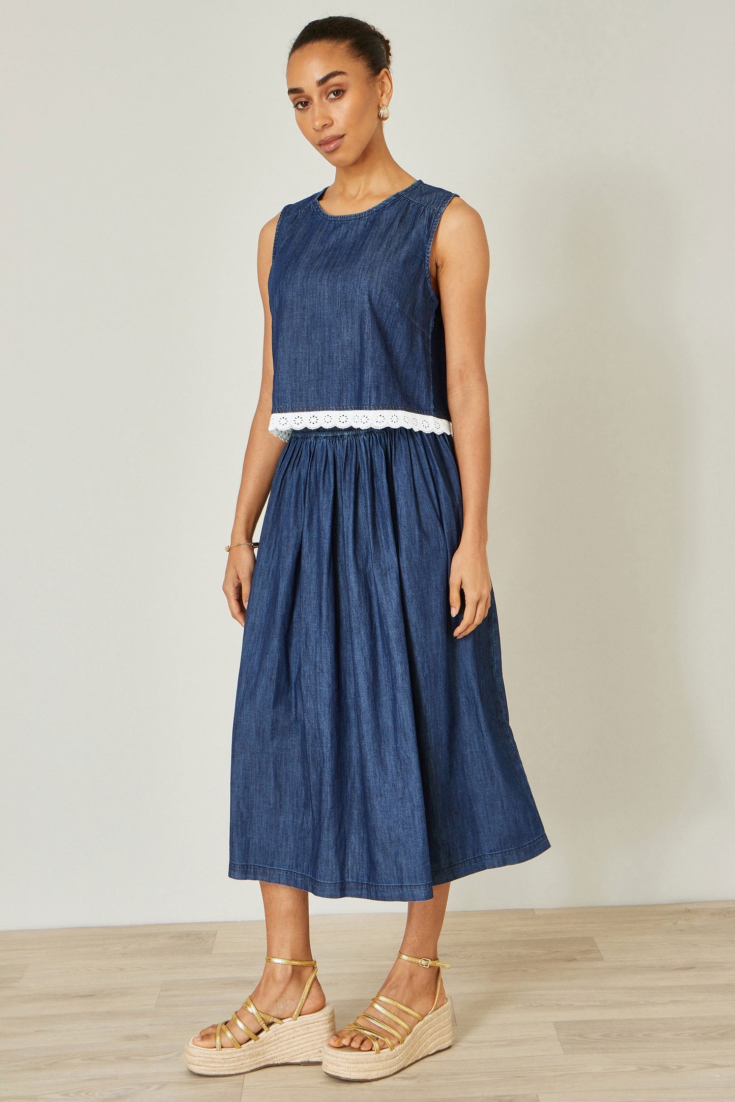 Blue Cotton Chambray Top With Lace Trims
