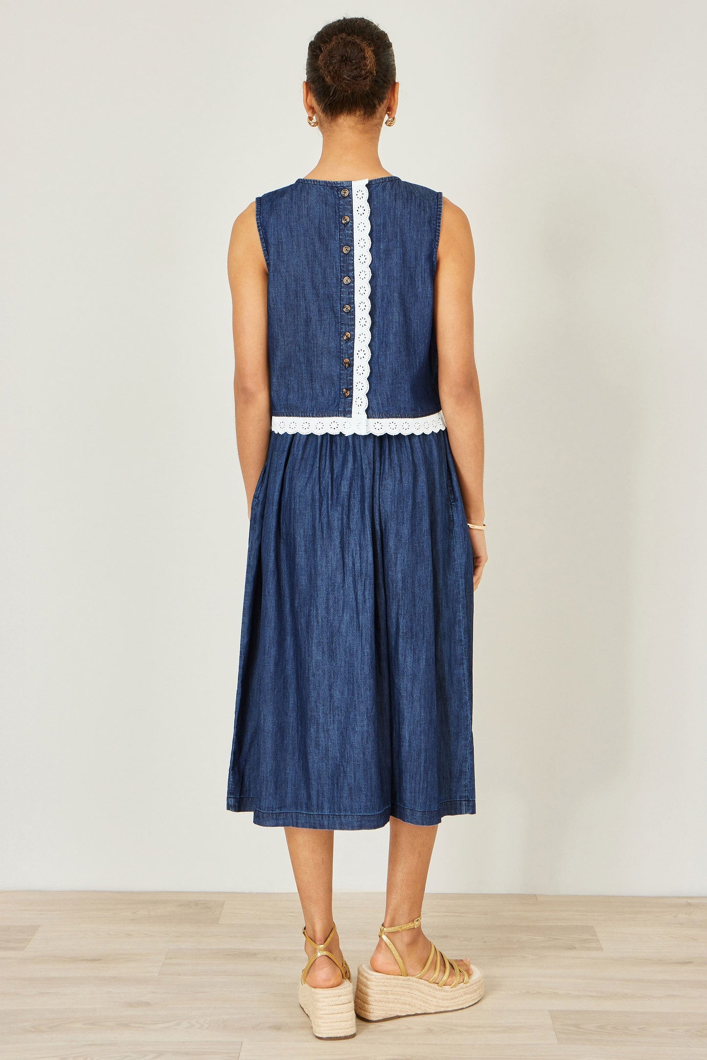 Blue Cotton Chambray Top With Lace Trims