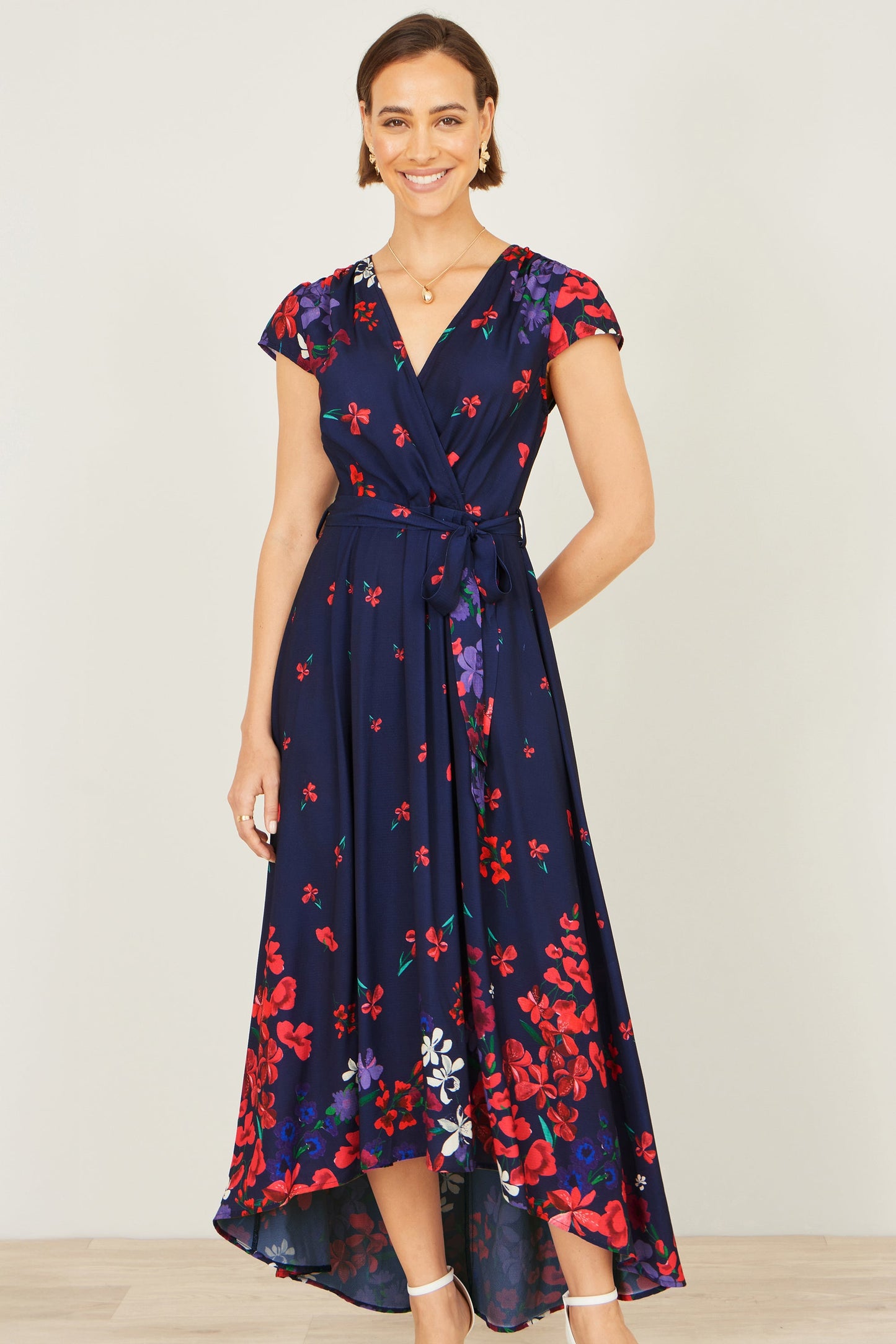 Navy Floral Mirror Wrap Dress With Dip Hem