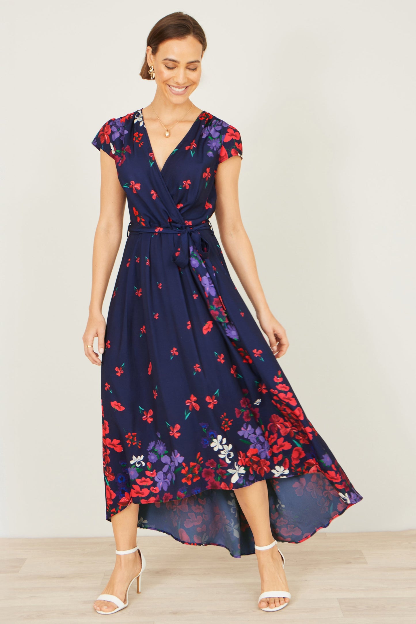 Navy Floral Mirror Wrap Dress With Dip Hem
