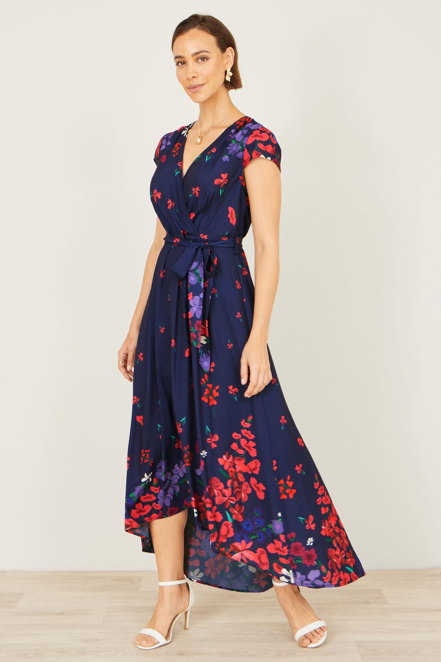 Navy Floral Mirror Wrap Dress With Dip Hem