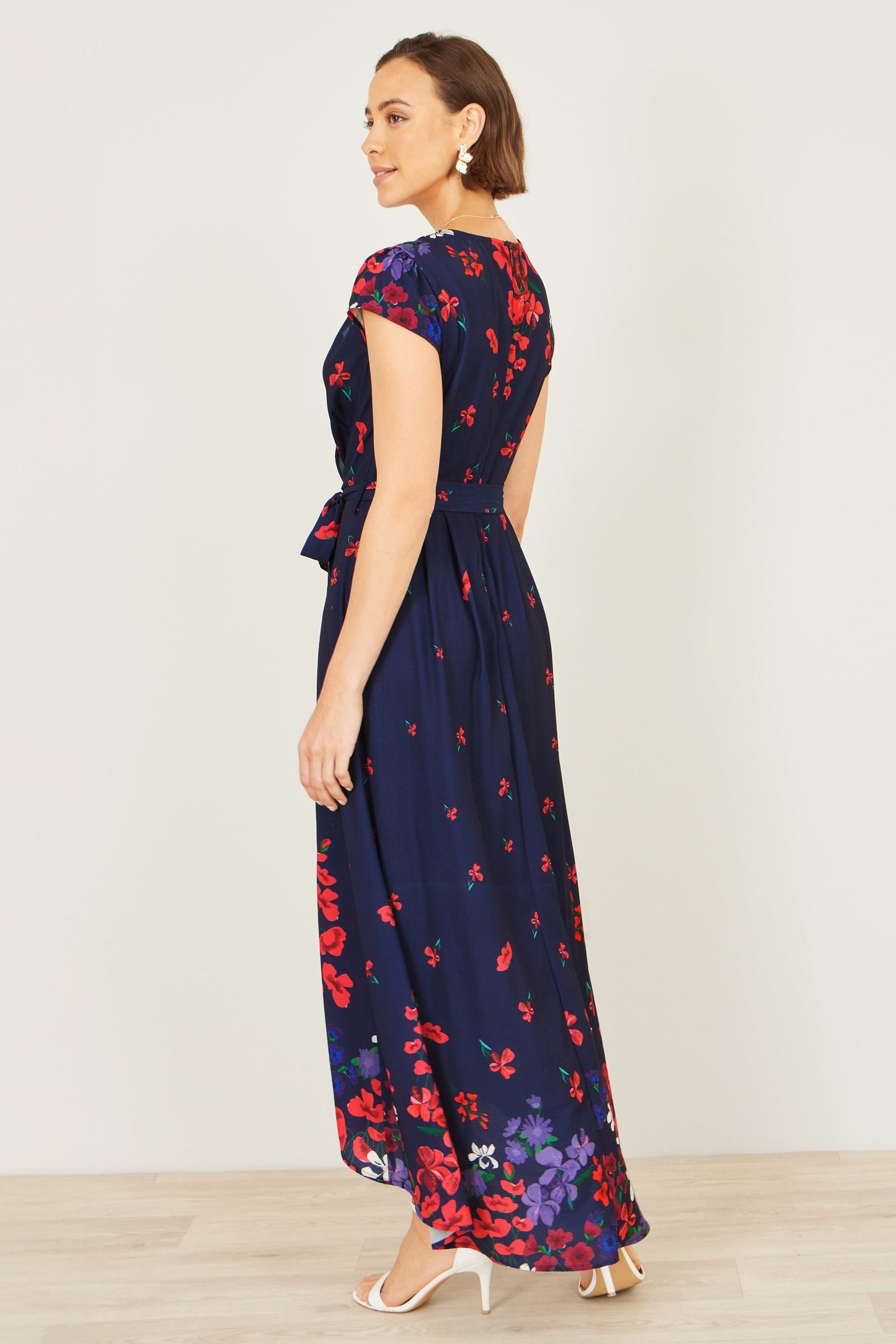 Navy Floral Mirror Wrap Dress With Dip Hem