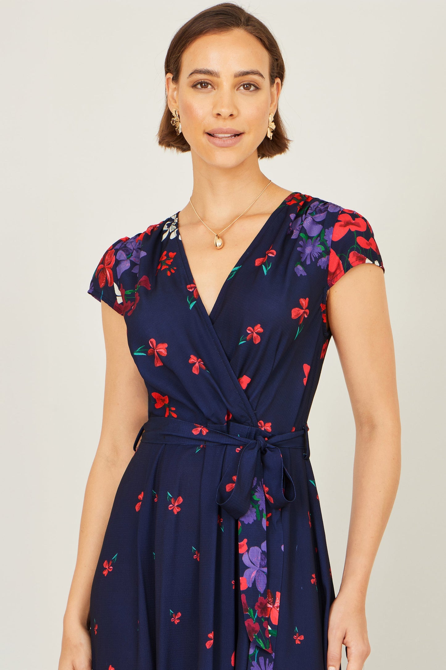 Navy Floral Mirror Wrap Dress With Dip Hem
