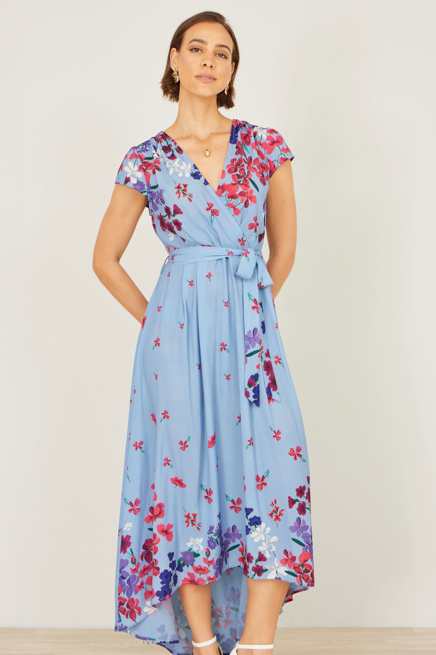 Blue Floral Mirror Wrap High Low Midi Wrap Dress
