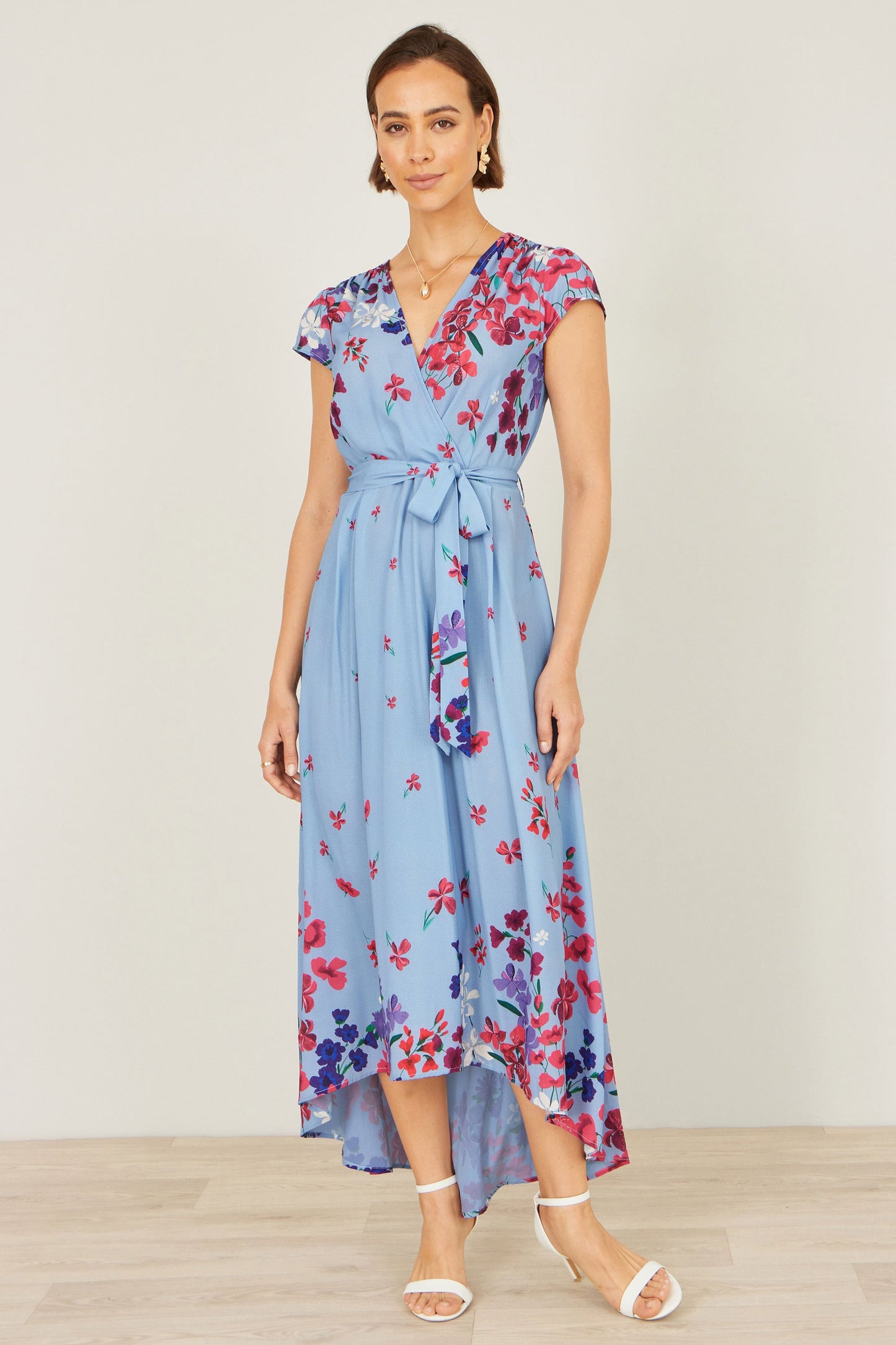 Blue Floral Mirror Wrap High Low Midi Wrap Dress