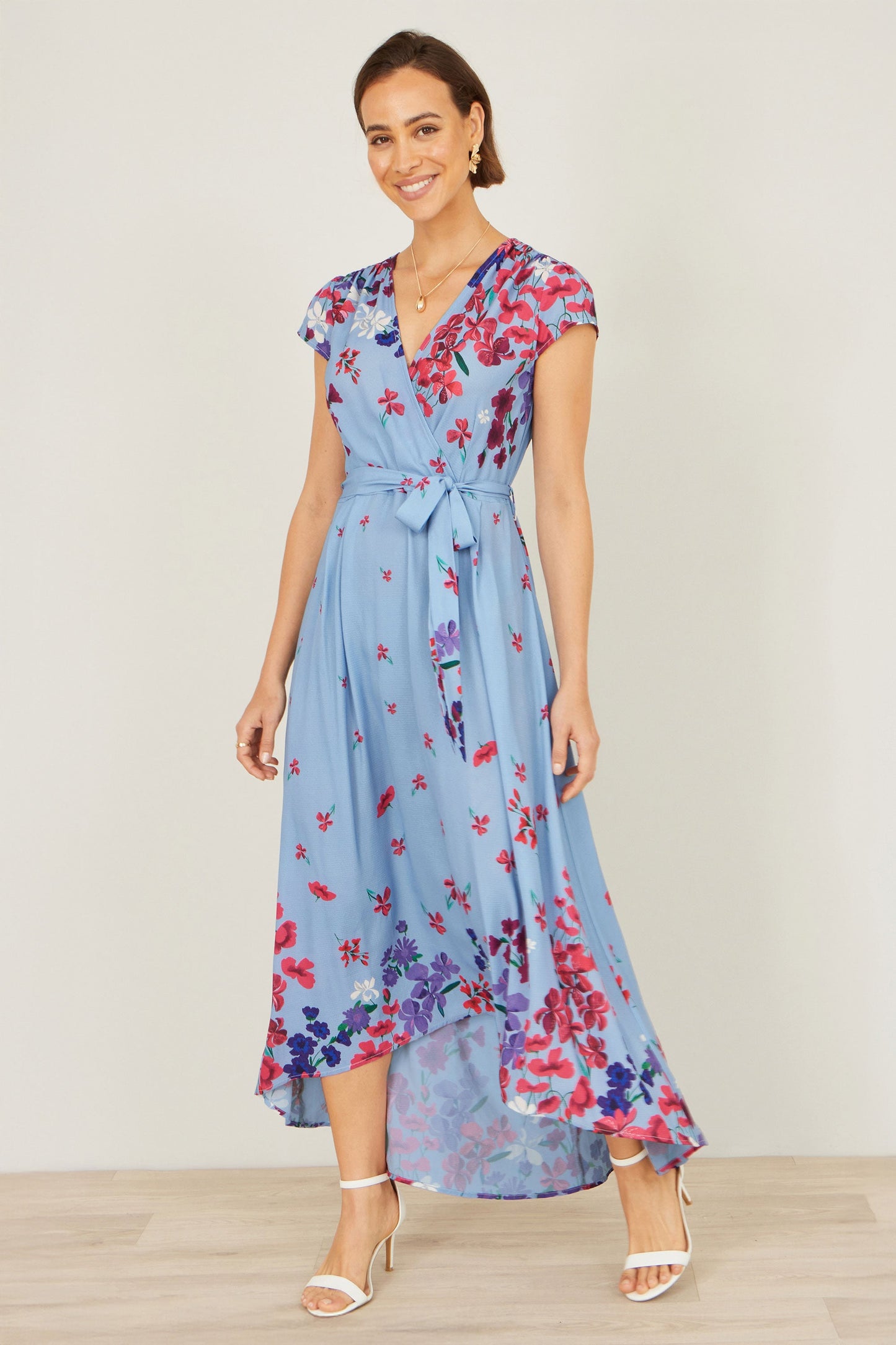 Blue Floral Mirror Wrap High Low Midi Wrap Dress