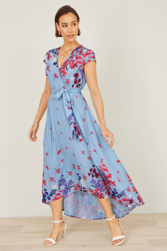Blue Floral Mirror Wrap High Low Midi Wrap Dress