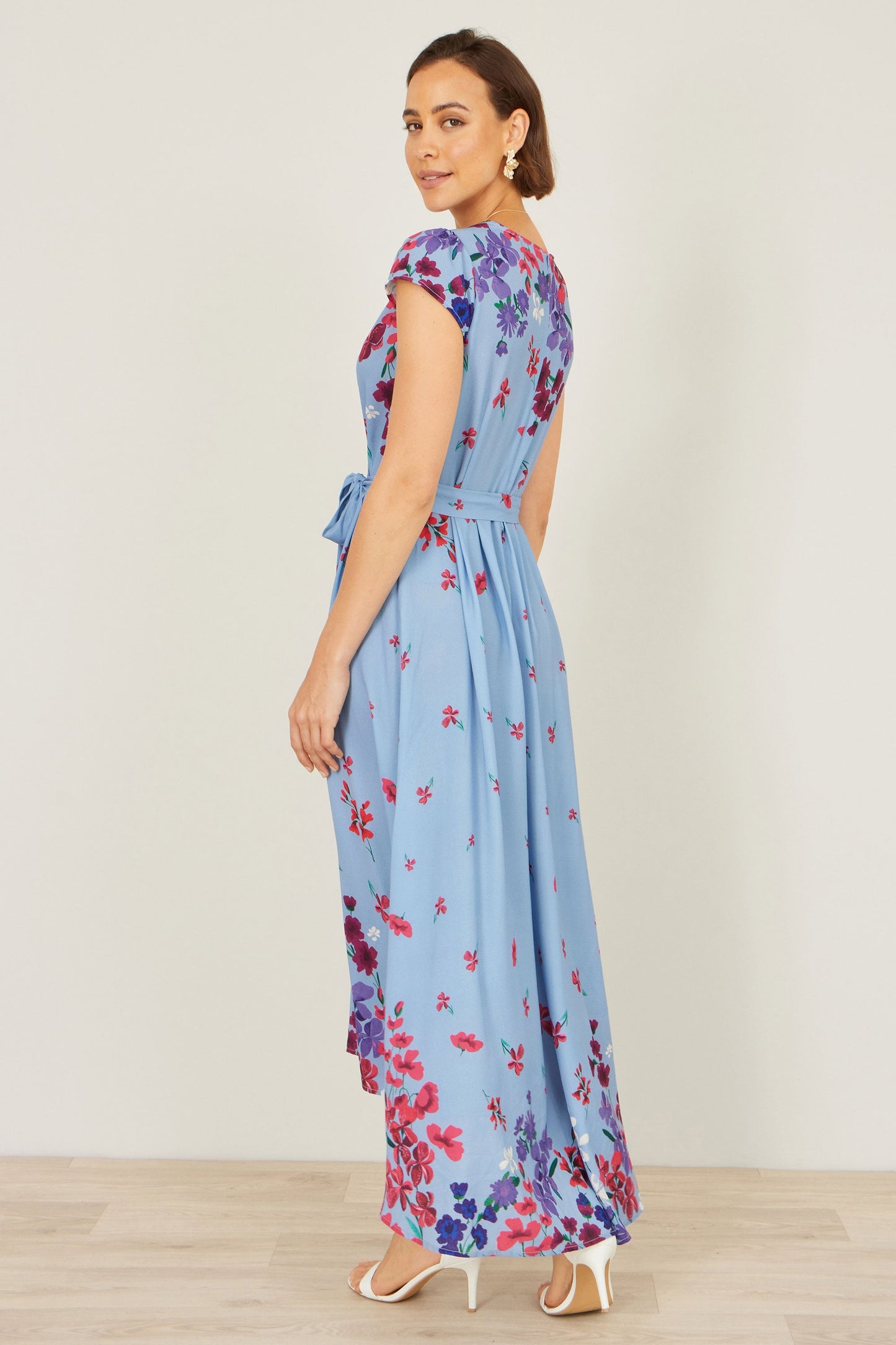 Blue Floral Mirror Wrap High Low Midi Wrap Dress