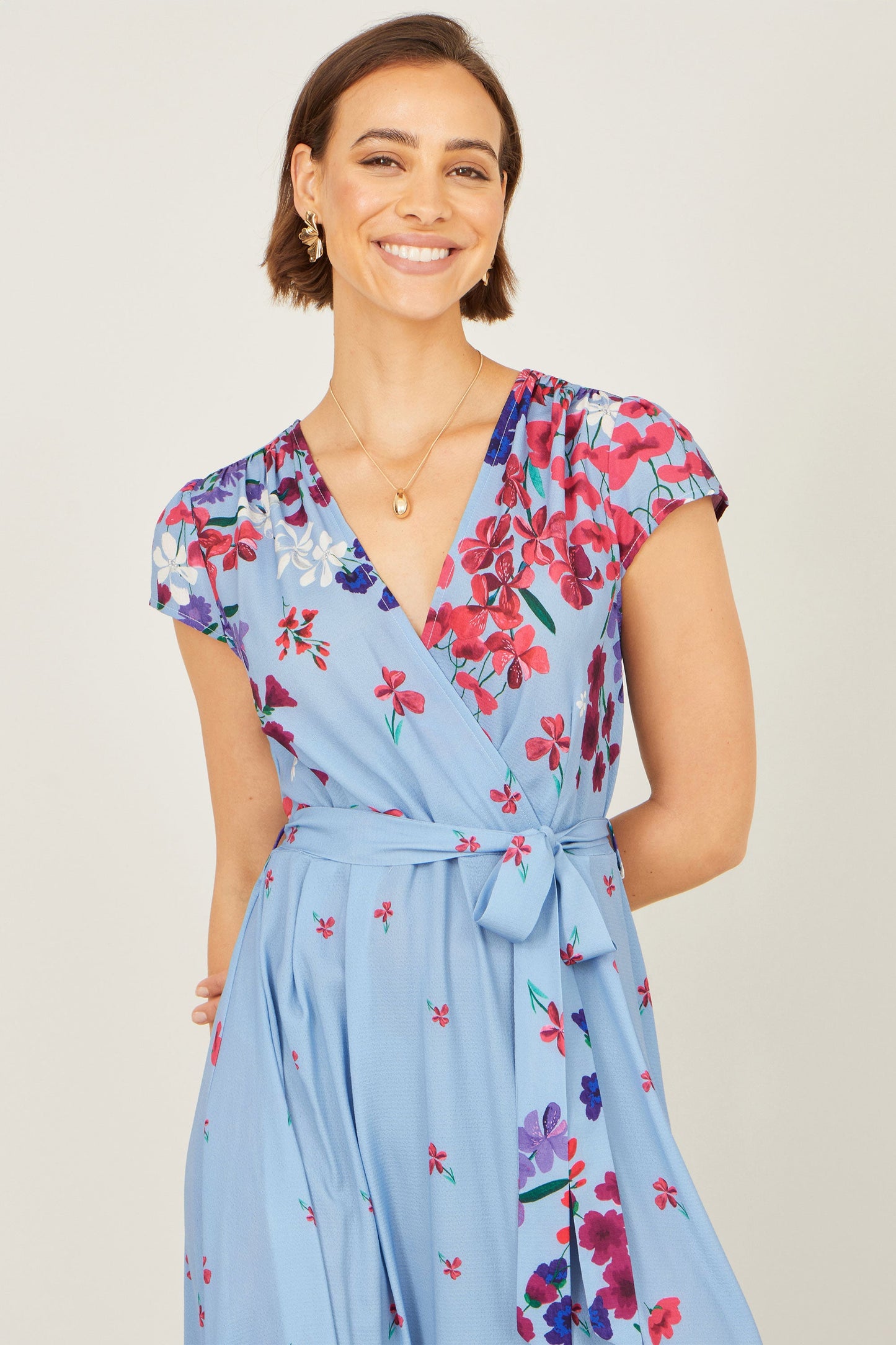 Blue Floral Mirror Wrap High Low Midi Wrap Dress