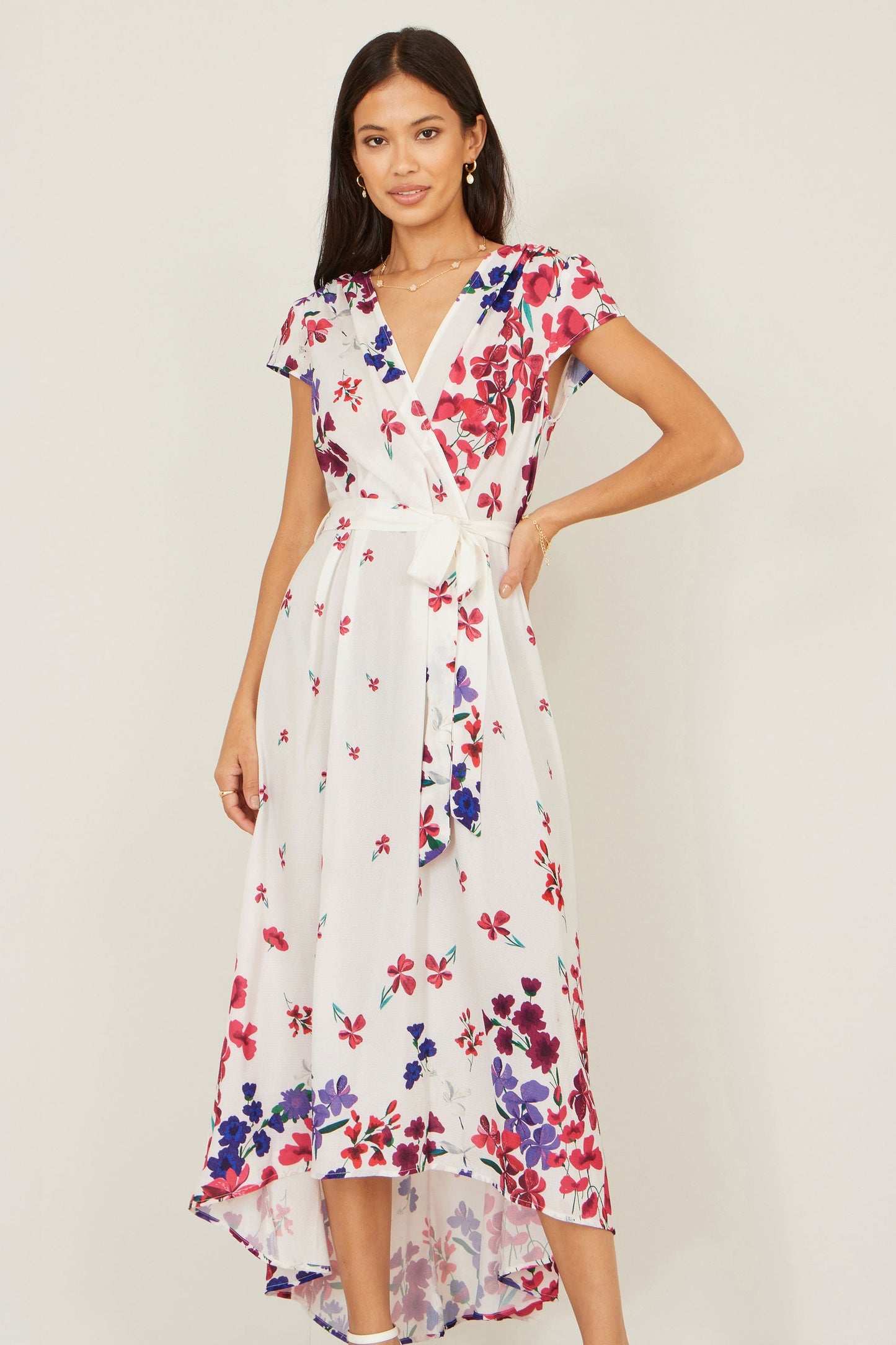 Ivory Floral Mirror Wrap Dress With Dip Hem