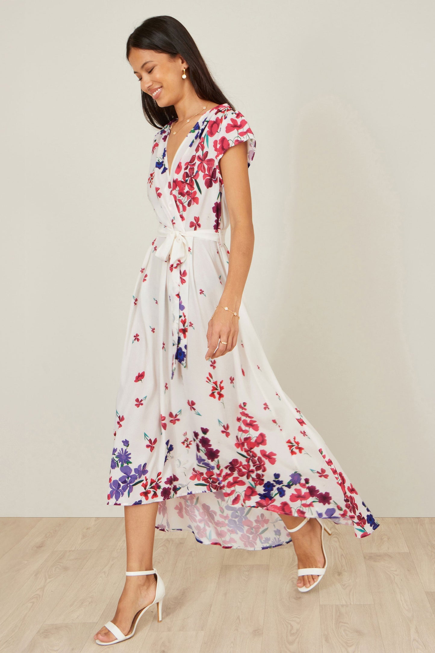 Ivory Floral Mirror Wrap Dress With Dip Hem