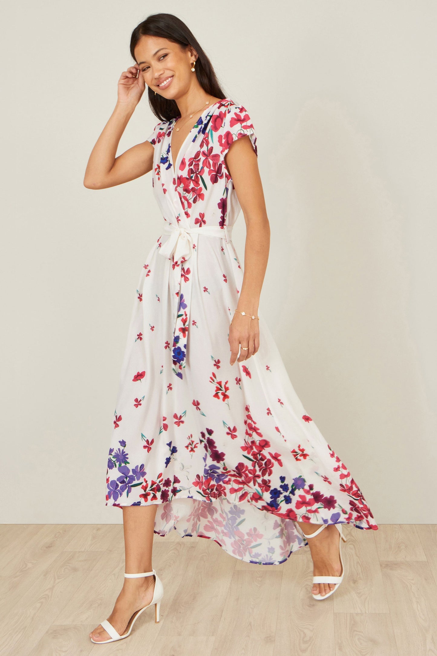 Ivory Floral Mirror Wrap Dress With Dip Hem