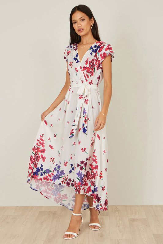 Ivory Floral Mirror Wrap Dress With Dip Hem