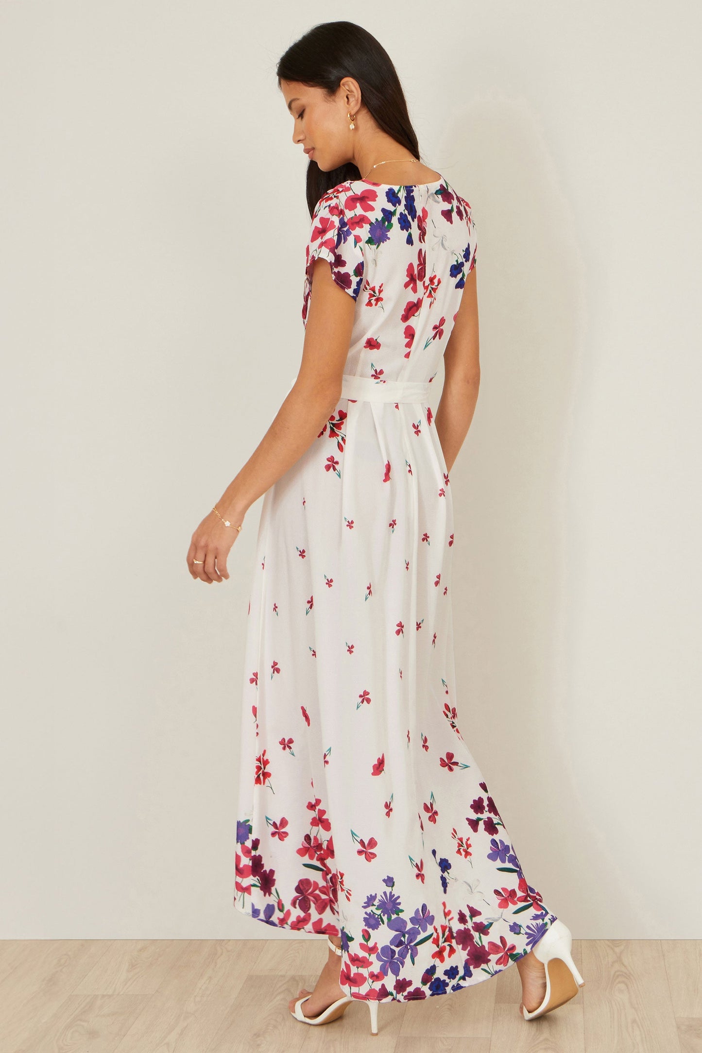 Ivory Floral Mirror Wrap Dress With Dip Hem
